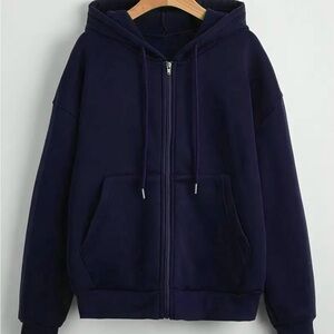 Full Zip Drawstring Hoodie Unisex Navy Blue Size S